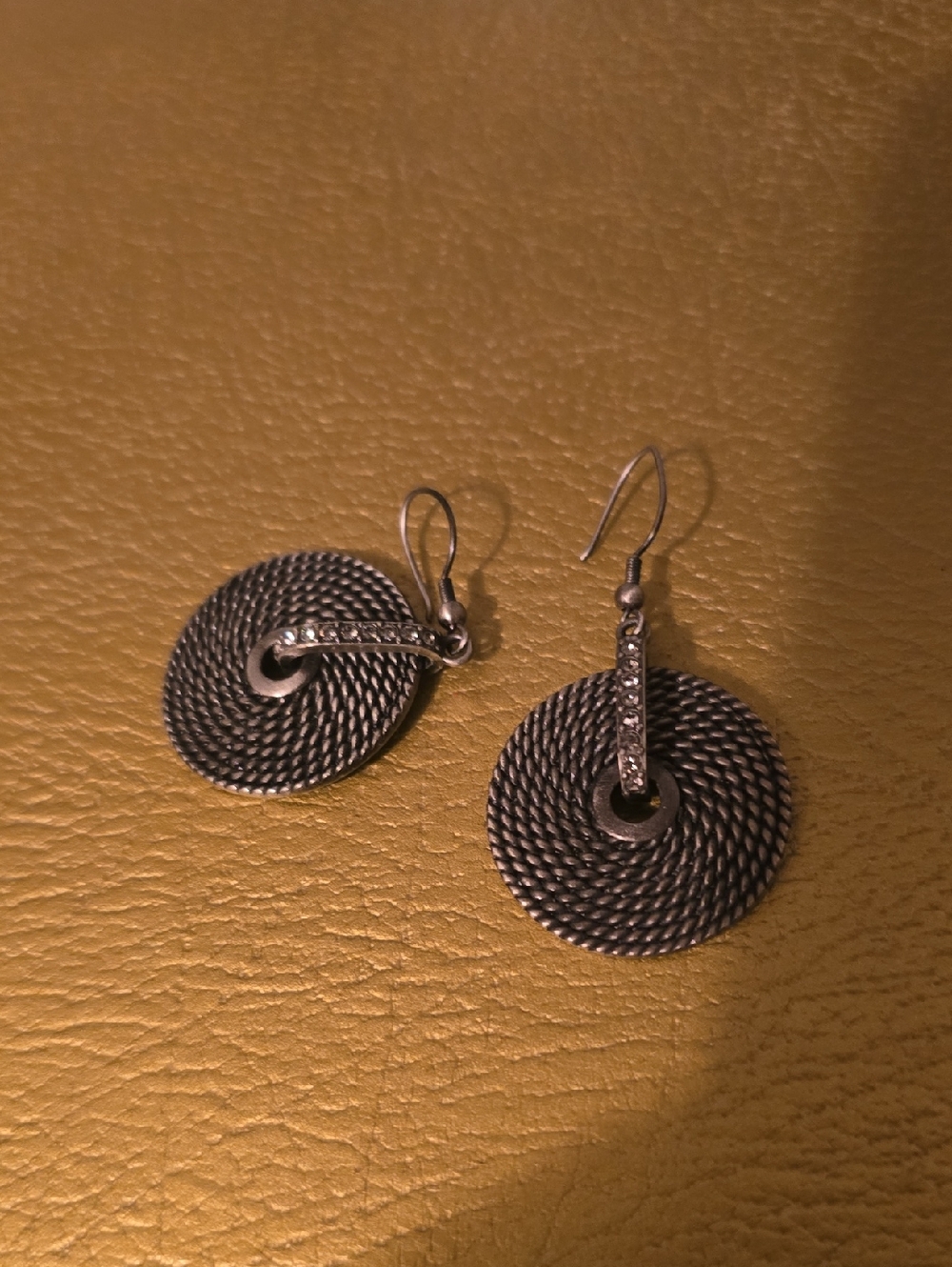 Sterling Silver-Tone Textured Disc Drop Earrings with Crystal Bar